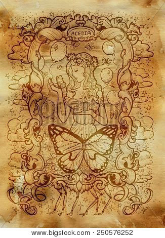 Sloth. Latin Word Acedia Means Despair. Seven Deadly Sins Concept On Old Paper Background. Hand Draw