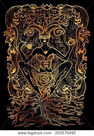Lust. Latin Word Luxuria Means Sexual Desire. Seven Deadly Sins Concept On Black Background. Hand Dr