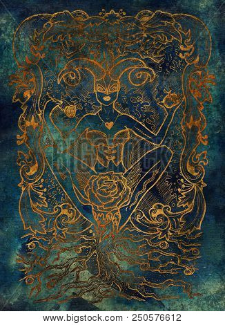 Lust. Latin Word Luxuria Means Sexual Desire. Seven Deadly Sins Concept, Gold Silhouette On Blue Bac