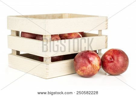 Lot Of Whole Fresh Pluot Interspecific Plums Variety In A Natural Wooden Crate Isolated On White