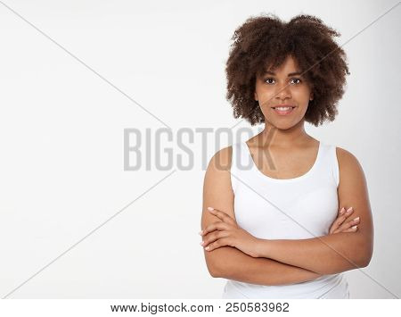 Portrait Of Beautiful African American Female Model Smiling Isolated On White. Atractive Brunette Da