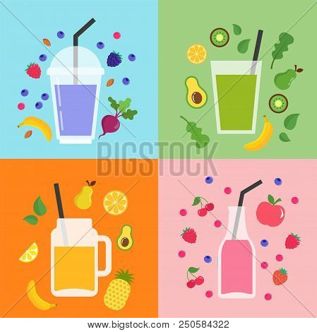 Collection Of Different Colorful Smoothies, Fruit Shakes In A Bottles, Glass, Mason Jars