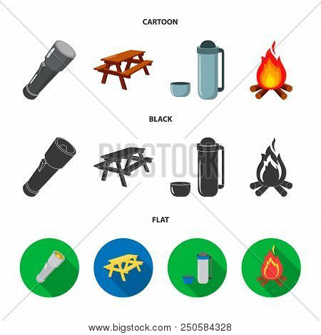 A Flashlight, A Table With A Bench, A Thermos With A Cup, A Caster. Camping Set Collection Icons In 