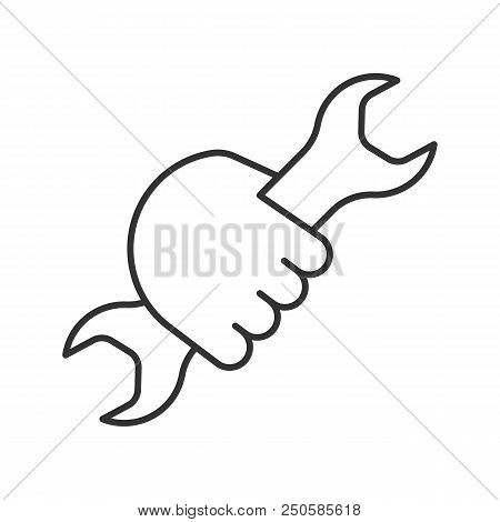 Hand Holding Wrench Linear Icon. Thin Line Illustration. Double Open Ended Spanner. Contour Symbol. 