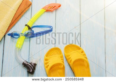 Glasses Diving Mask And Snorkel, Bright Slates On Wooden Blue Background