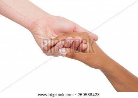 Holding Hands Couple Of A Mixed Race Isolated On White Background