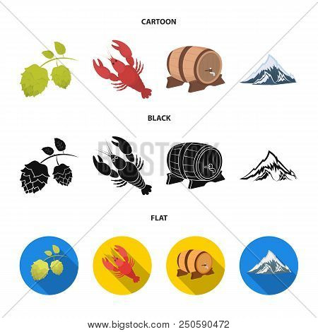 Alps, A Barrel Of Beer, Lobster, Hops. Oktoberfest Set Collection Icons In Cartoon, Black, Flat Styl