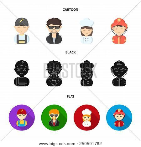 Mechanic, Entertainer, Cook, Fireman.profession Set Collection Icons In Cartoon, Black, Flat Style V