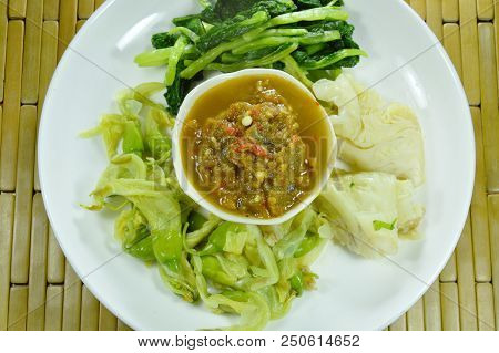 Horseshoe Crab Chili Paste Eat Couple With Variety Boiled Vegetable On Plate