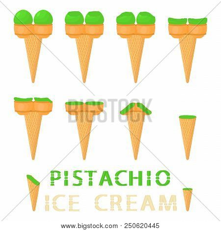 Vector Illustration For Natural Pistachio Ice Cream On Waffle Cone. Ice Cream Pattern Consisting Of 