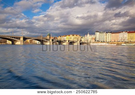View On The Prague Panorama With Jirasek Bridge After Rain.the Prague Bridges Arching Over The Vltav