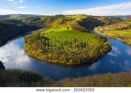 Famous Meander On Vltava River In Springtime, Slapy Dam, Czech Republic.
