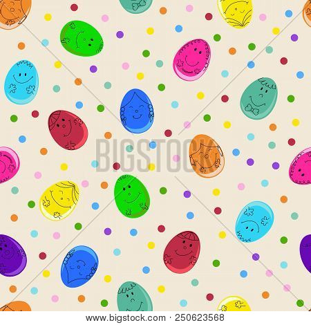 Seamless Pattern With Cute Easter Eggs With Smiling Faces