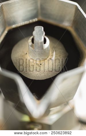 Traditional Italian Moka Machine With Fresh Hot Coffee Coming Up.