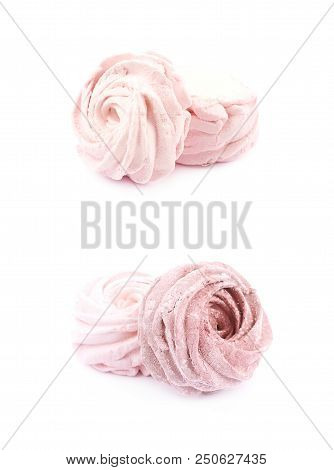 Marshmallow Pink Zephyr Confection Isolated Over The White Background, Set Of Two Different Foreshor