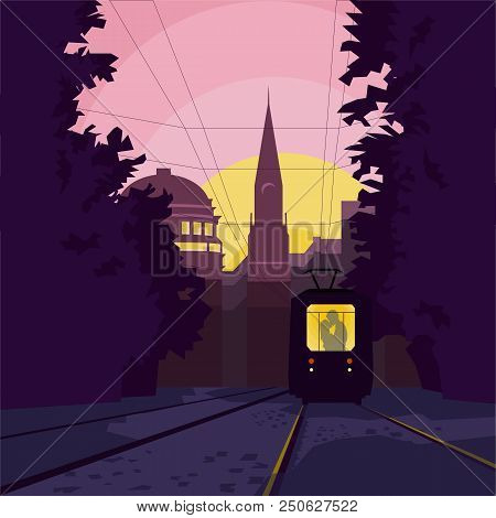 Romantic Scene - Tram With Kissing Couple On The Street Of Picturesque Touristic City At Dawn, Newly