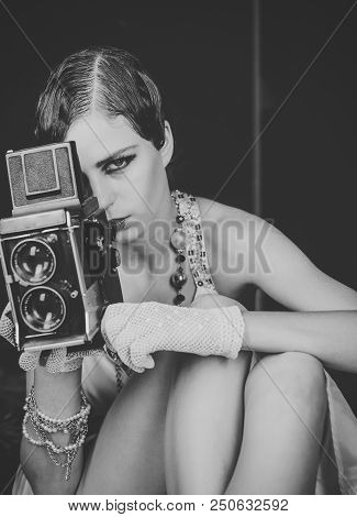 Media And New Technology, Journalism. Beauty, Retro Look, Pinup Fashion. Pin Up Pretty Fashion Model