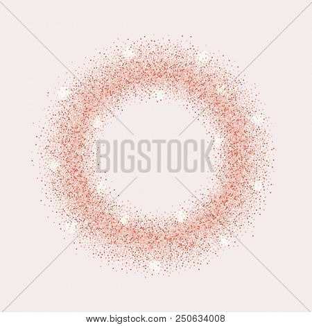 Luxury Pink Gold Round Frame On Pink Background. Golden Glitter Circle. Template With Glitter For Lo