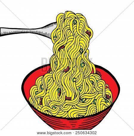 Yellow Noodle At Bowl, Doodle Style Illustration, Hand Drawing