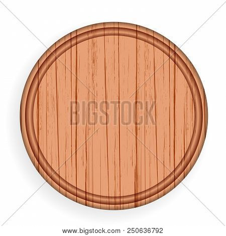 Round Wooden Plate. Kitchen Cutting Board Vector Illustration Isolated On White Background