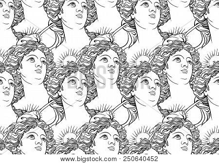 Seamless Pattern With Goddess Portraits Of Ancient Greece. High-detailed Black Outlines Isolated On 