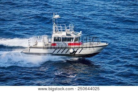 Pilot Boat Moving Along At The Water Area Of The Port Of Key West, Florida, Usa