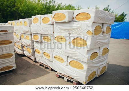 The Texture Of Mineral Wool For Insulating The Walls. Warehouse Of Products Ready For Import