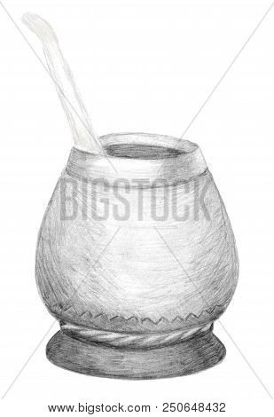 Calabash Gourd And Bombilla For Yerba Mate Tea. Hand Drawn Graphics. Pencil Sketch On White. Healthy