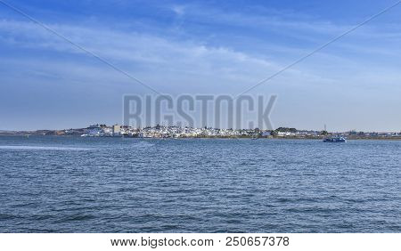Ayamonte Skyline Show From Vila Real De Santo Antonio Docks. Algarve, Portugal