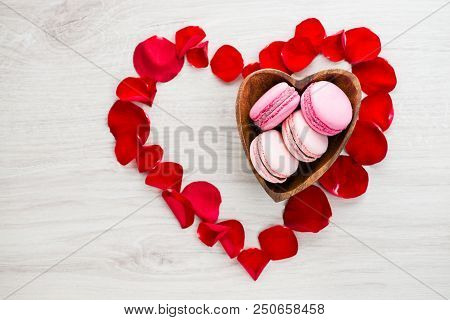 Heart Of Rose Petals And Makaroon, Copy Space For Text, Top View