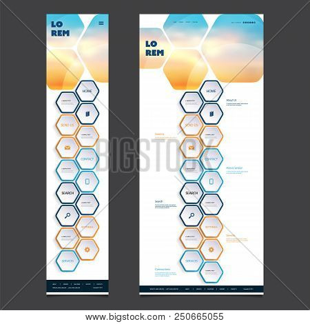 One Page Website Design Template With Blurred Sunset Image Header, Hexagonal Pattern - Desktop And M