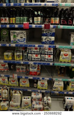 Haarlem, The Netherlands, July 22nd 2018: Various Brands Of Alcohol Free Or Low Alcohol Beer In A Su