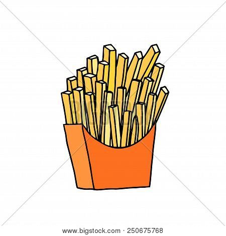 French Fries In Red Paper Pack. Hand Drawn Sketch. Vector Illustration Isolated On White Background