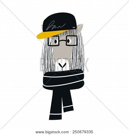 Cute Hand Drawn Nursery Poster With Cartoon Cool Horse Animal With Glasses And Baseball Cap. Vector 