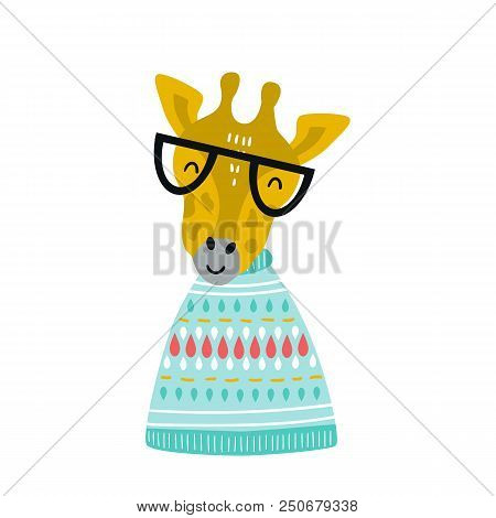 Cute Hand Drawn Nursery Poster With Cartoon Cool Giraffe Animal With Glasses And Knitted Sweater. Ve