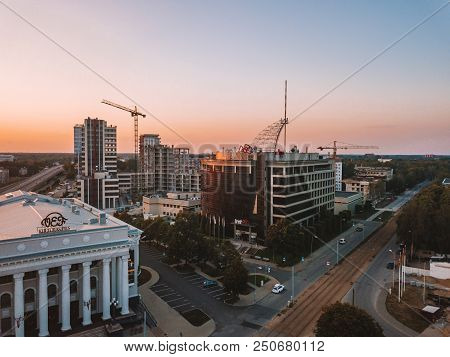 Riga, Latvia. July 20, 2018. Aerial Sunset View Over Riga Near Jauna Teika District By The Vef Castl