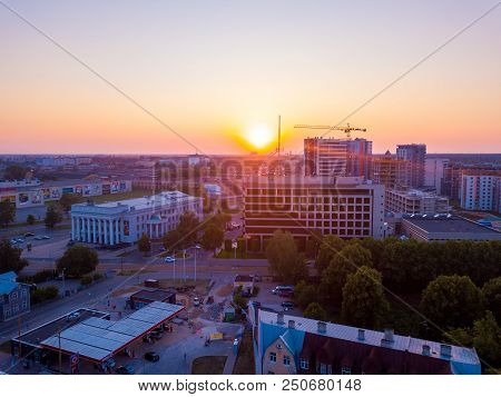 Riga, Latvia. July 20, 2018. Aerial Sunset View Over Riga Near Jauna Teika District By The Vef Castl