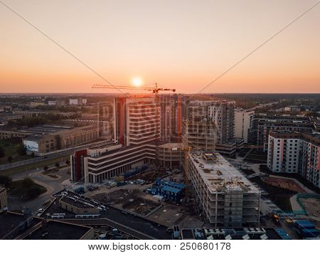Riga, Latvia. July 20, 2018. Aerial Sunset View Over Riga Near Jauna Teika District By The Vef Castl