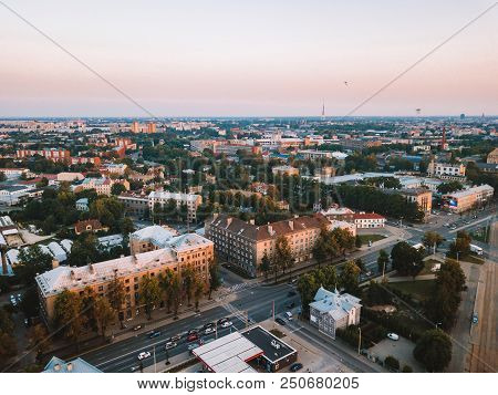 Riga, Latvia. July 20, 2018. Aerial Sunset View Over Riga Near Jauna Teika District By The Vef Castl