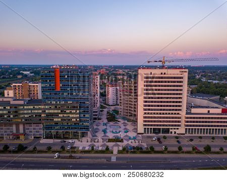Riga, Latvia. July 20, 2018. Aerial Sunset View Over Riga Near Jauna Teika District By The Vef Castl