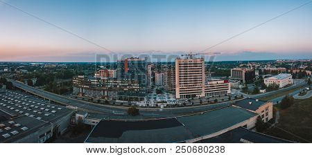 Riga, Latvia. July 20, 2018. Aerial Sunset View Over Riga Near Jauna Teika District By The Vef Castl