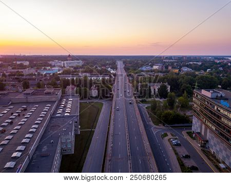 Riga, Latvia. July 20, 2018. Aerial Sunset View Over Riga Near Jauna Teika District By The Vef Castl