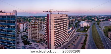 Riga, Latvia. July 20, 2018. Aerial Sunset View Over Riga Near Jauna Teika District By The Vef Castl
