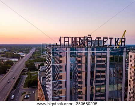 Riga, Latvia. July 20, 2018. Aerial Sunset View Over Riga Near Jauna Teika District By The Vef Castl
