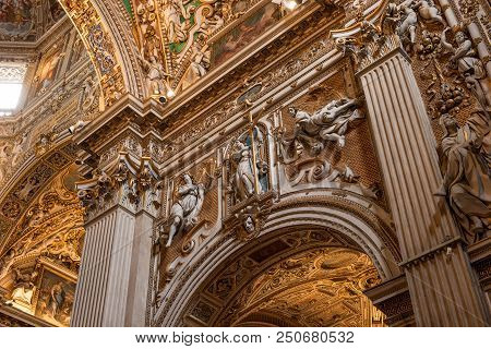 Bergamo, Italy - May 10, 2018: Ceiling And Stucco Ornaments, Murals In The Basilica Of Santa Maria M