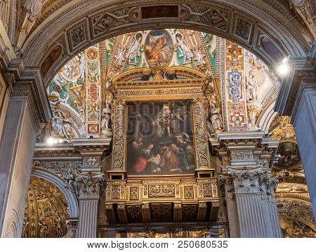 Bergamo, Italy - May 10, 2018: Ceiling And Stucco Ornaments, Murals In The Basilica Of Santa Maria M