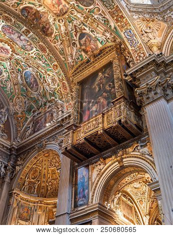 Bergamo, Italy - May 10, 2018: Ceiling And Stucco Ornaments, Murals In The Basilica Of Santa Maria M
