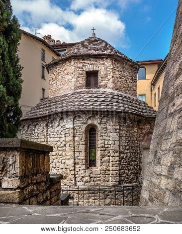 Tempietto Di Santa Croce Is A Octagonal Romanesque Chapel In The Upper City Of Bergamo, Italy.