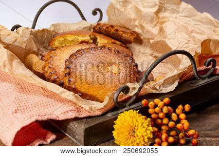 Round Dutch Homemade Cookies Filled With Marzipan And Almonds Nuts, Autumn And Winter Seasonal Desse