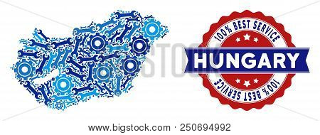 Repair Workshop Hungary Map Composition Of Service Tools. Abstract Territorial Scheme In Blue Colors